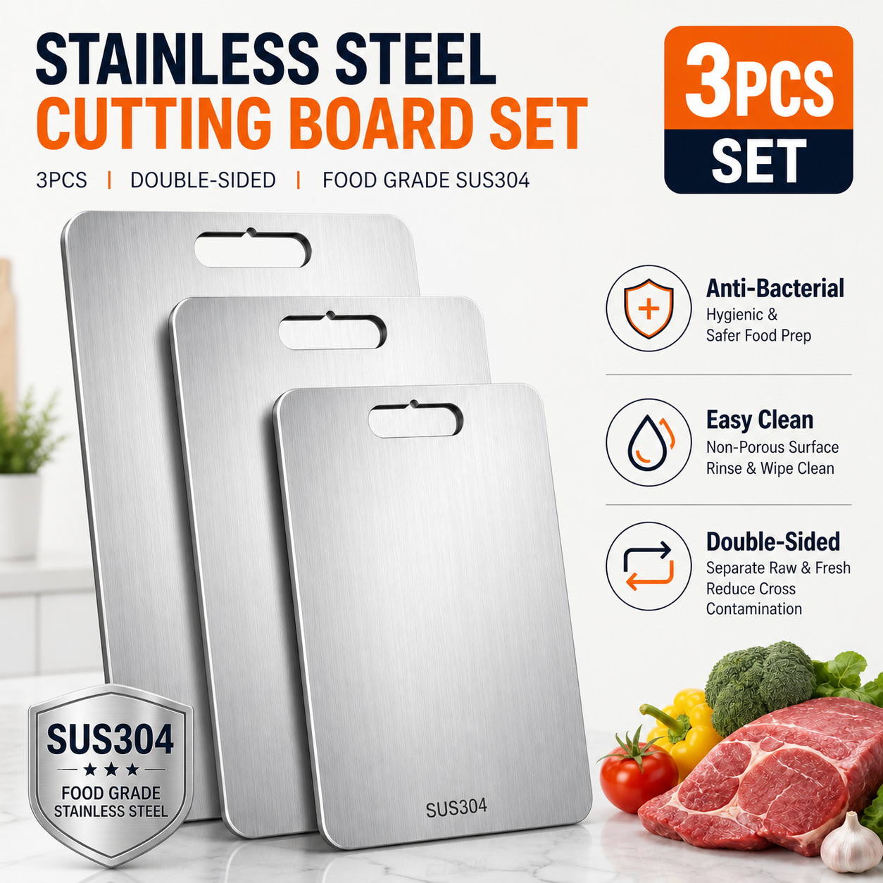 3PCS Metal Cutting Board Set Double Sided Kitchen Chopping Boards