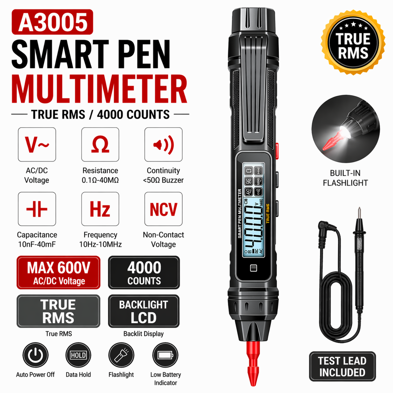 Smart Pen Multimeter NCV AC/DC Voltage Tester True RMS 600V