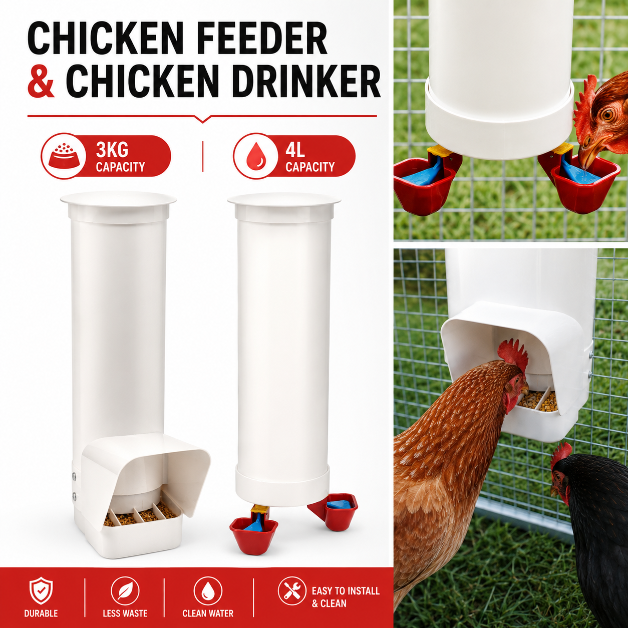 Automatic Poultry Feeder & Water Drinker Set Chicken Coop 3KG 4L