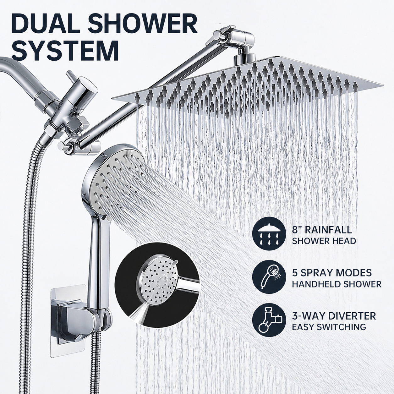 new rain shower head 8 inch handheld spray combo with ON/OFF Pause Switch