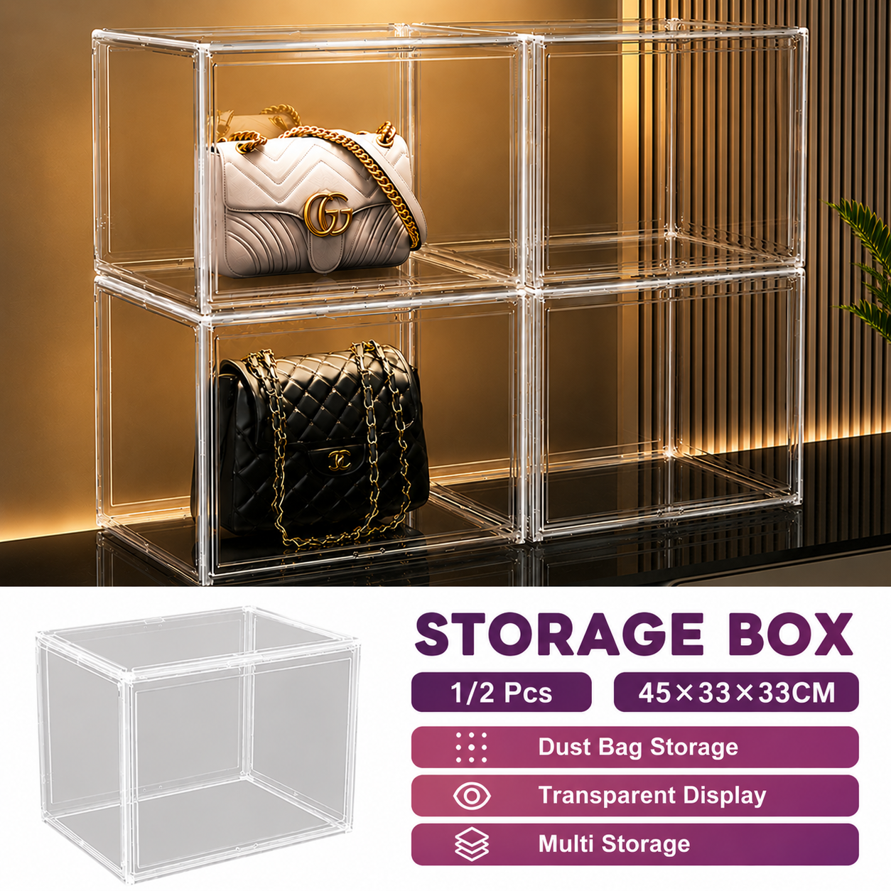 45x33x33cm Transparent Acrylic Display Box Stackable Dustproof Case