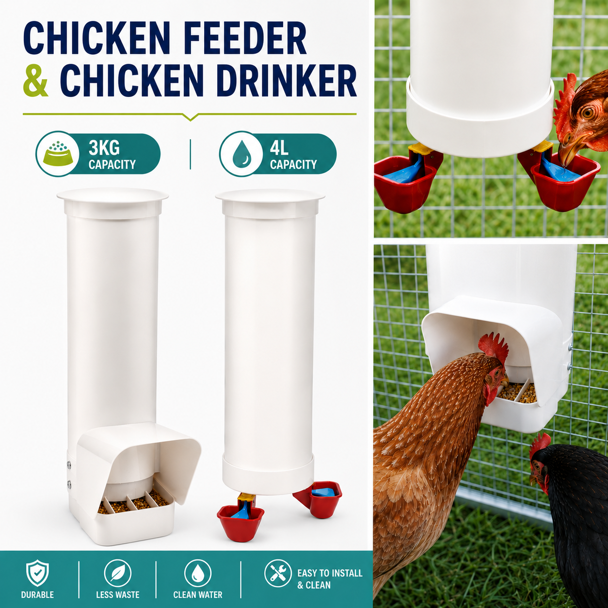 Automatic Poultry Feeder & Water Drinker Set Chicken Coop 3KG 4L