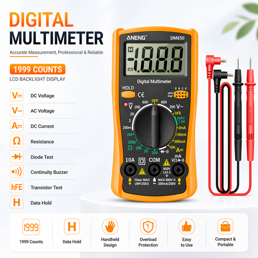 LCD Digital Multimeter Ammeter Voltmeter Ohmmeter AC DC Tester Leads Meter