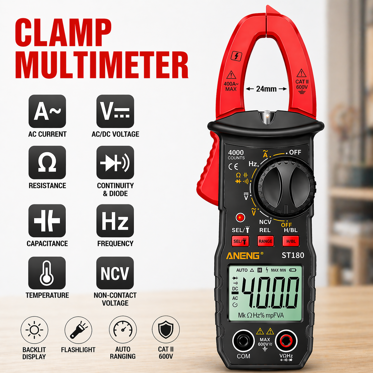 Smart Clamp Meter 4000 Counts 24mm Jaw Digital Multimeter Tester