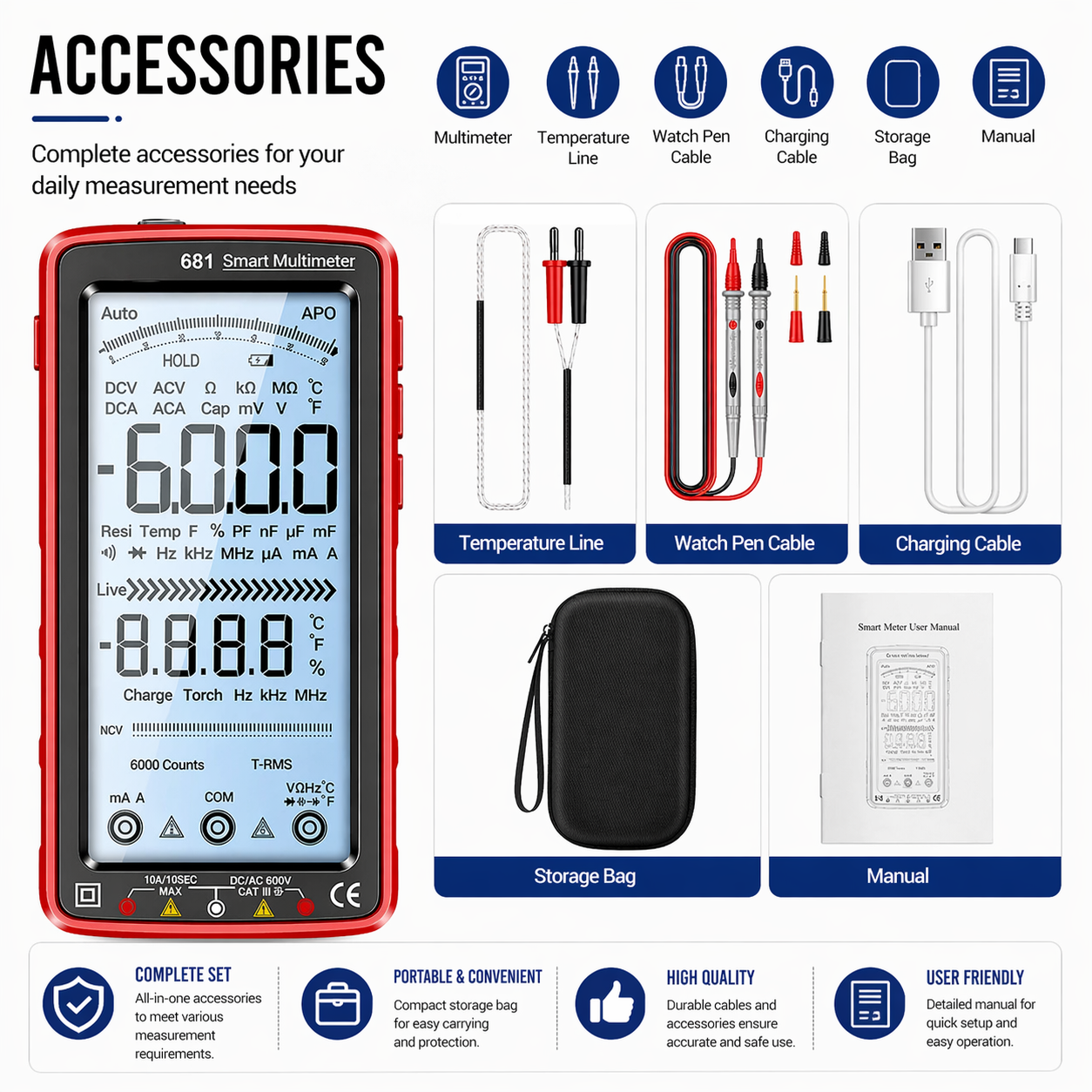6000 Count Digital Multimeter Auto Range AC DC Voltage Tester Kit