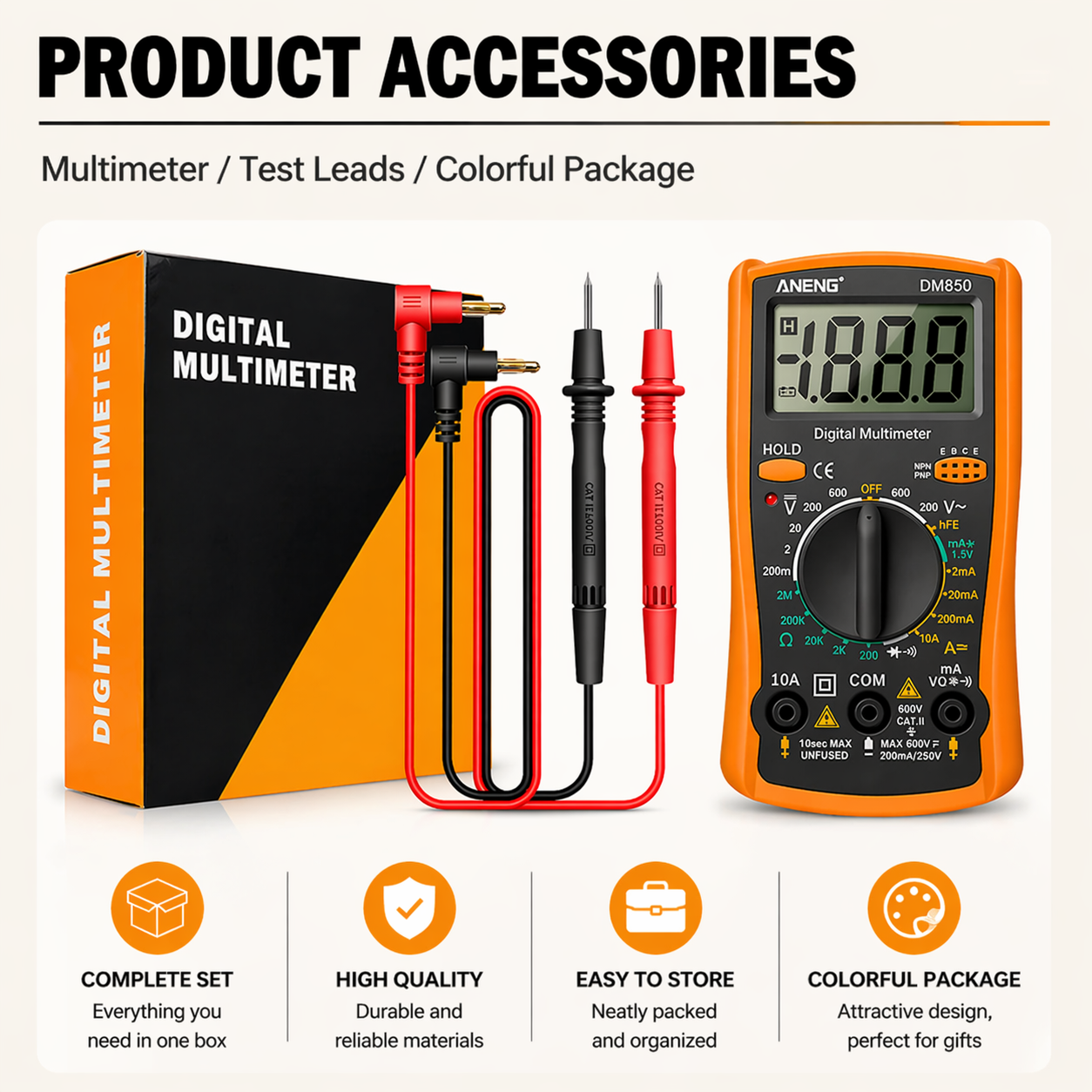 LCD Digital Multimeter Ammeter Voltmeter Ohmmeter AC DC Tester Leads Meter
