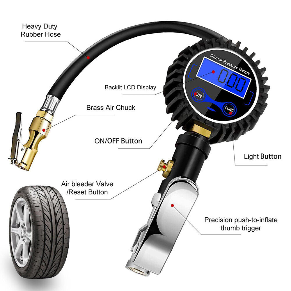 LED Digital Tyre Inflator Car Air Pressure Tire Gauge PSI Hose A Car Motorcycle