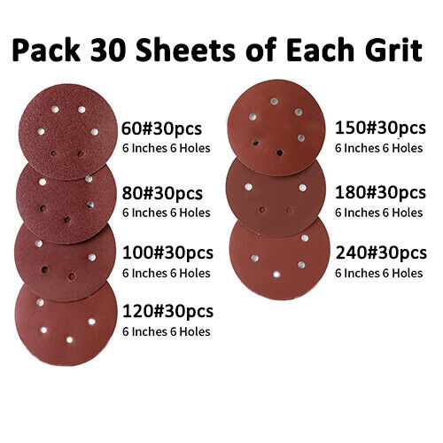 210PCS 6" Sanding Discs 60 80 100 150 180 120 240 Mixed Grit Orbital Sander Pads