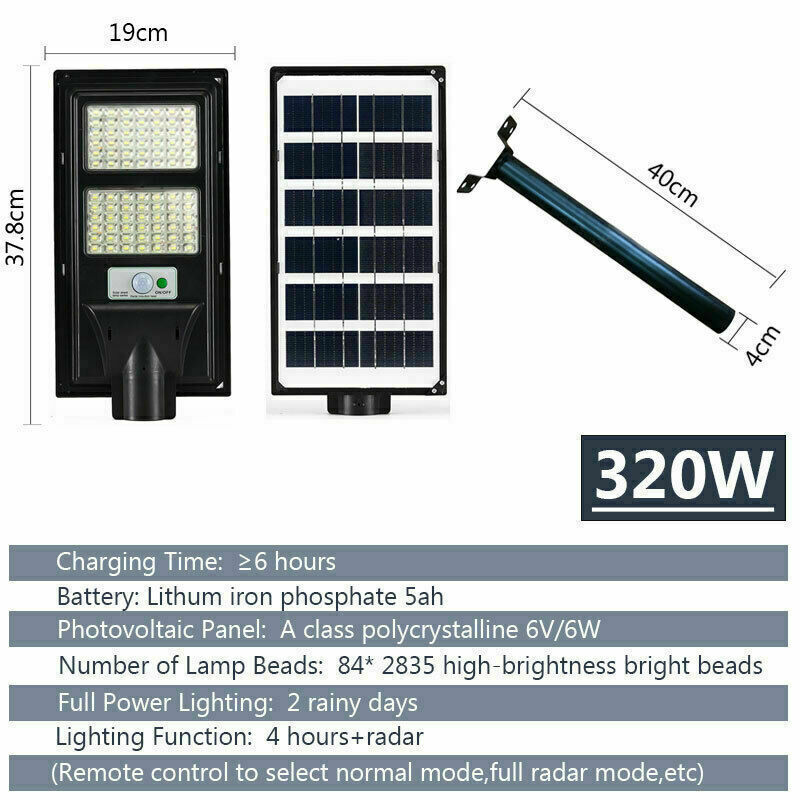 Solar Street LED Light 160W/320W/480W Radar Sensor Remote Outdoor Wall Lamp