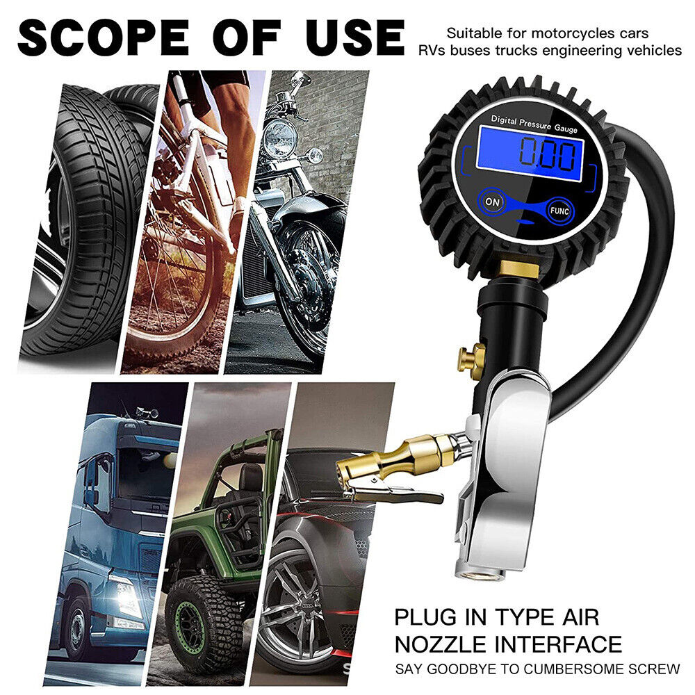 LED Digital Tyre Inflator Car Air Pressure Tire Gauge PSI Hose A Car Motorcycle