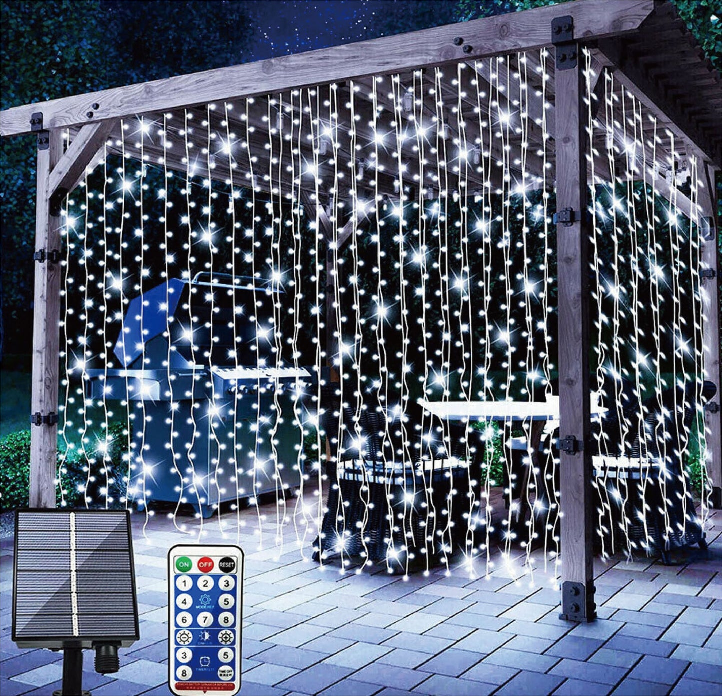 3x3m 300 LED Solar Power Curtain Lights Fairy String Outdoor Xmas Party Garden