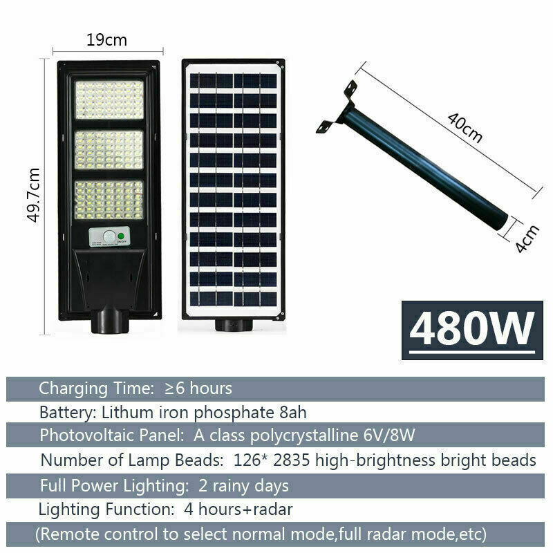 Solar Street LED Light 160W/320W/480W Radar Sensor Remote Outdoor Wall Lamp