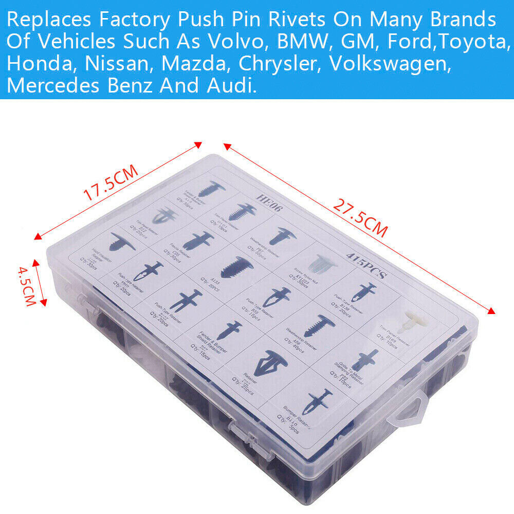 415PCS Rivet Fasteners Auto Car Body Plastic Push Pin Trim Panel Moulding Clip