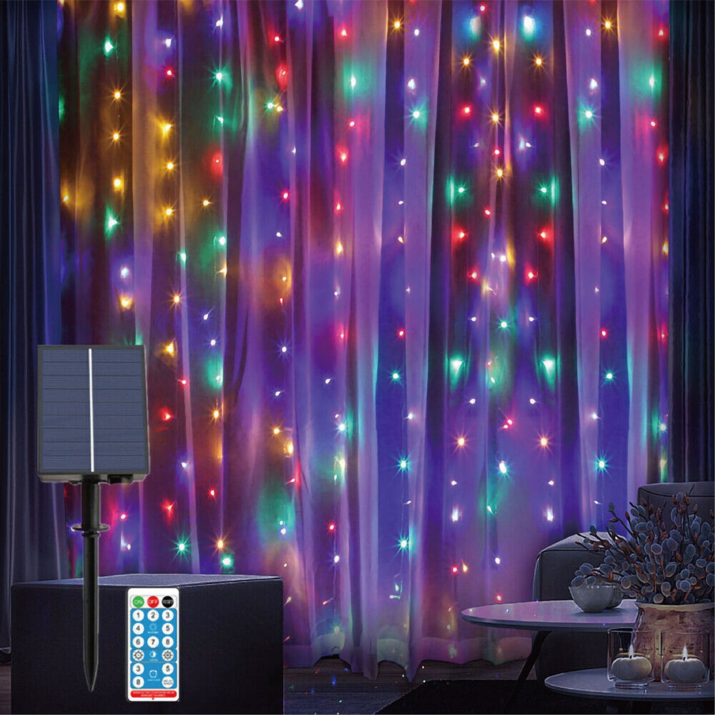 3x3m 300 LED Solar Power Curtain Lights Fairy String Outdoor Xmas Party Garden