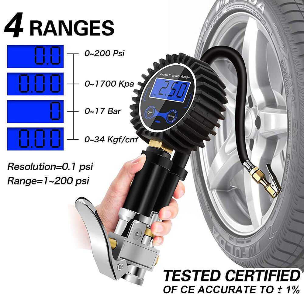 LED Digital Tyre Inflator Car Air Pressure Tire Gauge PSI Hose A Car Motorcycle