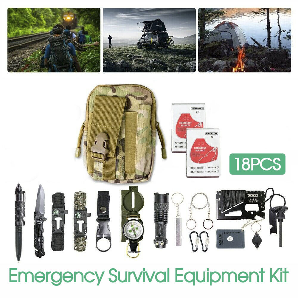 Emergency Survival Equipment 18Pcs Kit Outdoor Tactical Hiking Camping SOS Tool