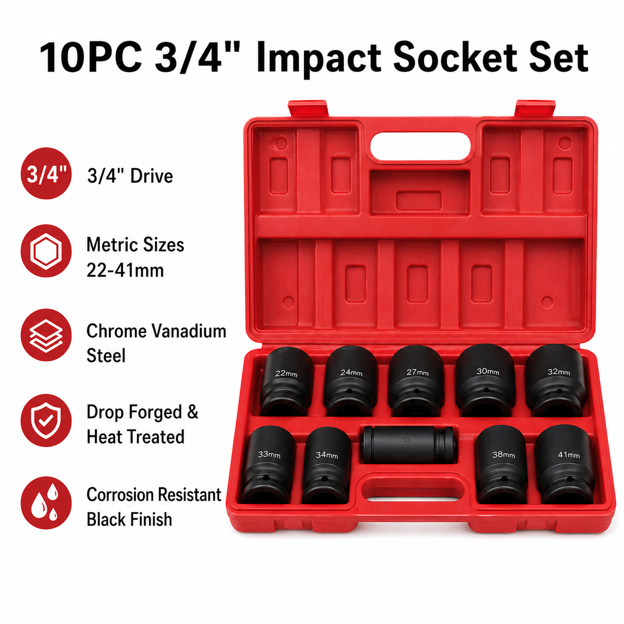 10Pcs 3/4'' Drive Deep Impact Socket Tool Set 80mm Length tool set 22-41mm