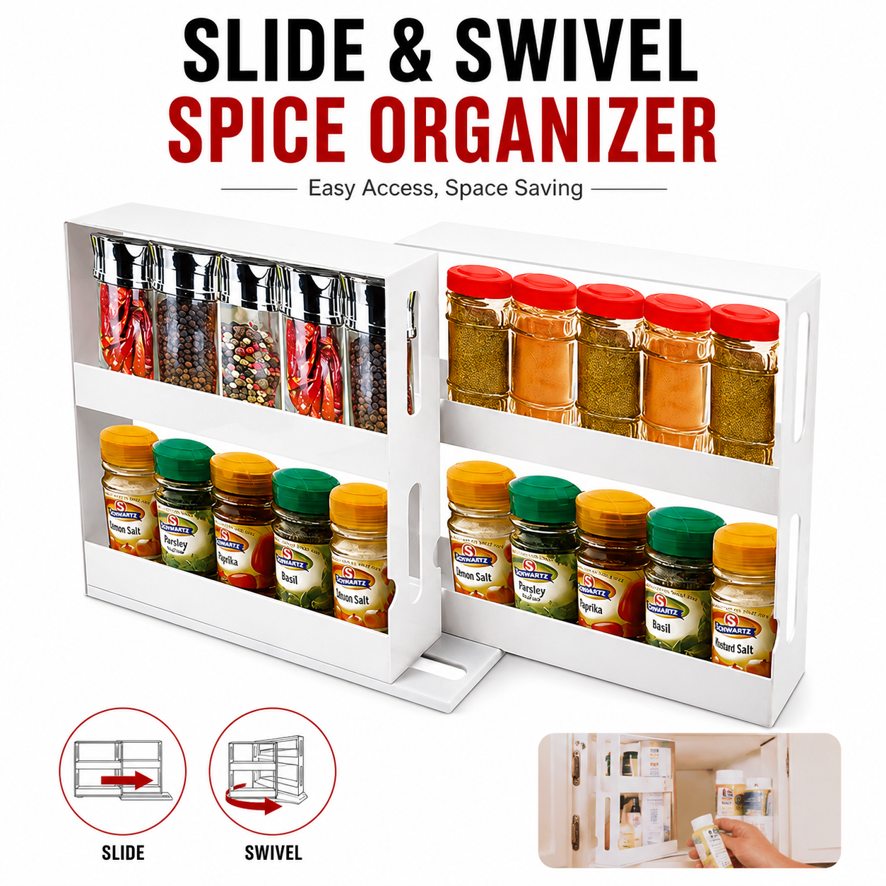 Slide Out Spice Rack Organizer Kitchen Cabinet Swivel Storage Holder