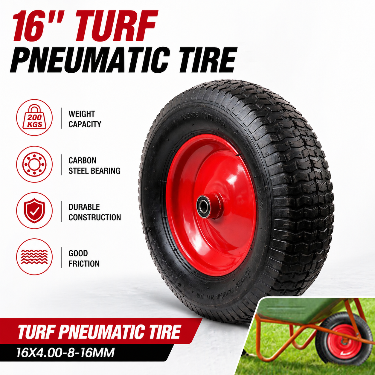 16" Wheelbarrow Trolley Wheel 4.80/4.00-8 Pneumatic Tyre 16mm Bore Tire Steel