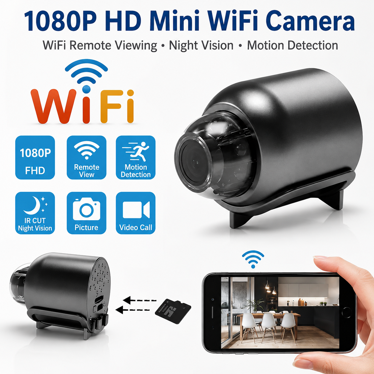 1080P HD Mini WiFi Wireless Camera Night Vision Audio Home Security Cam