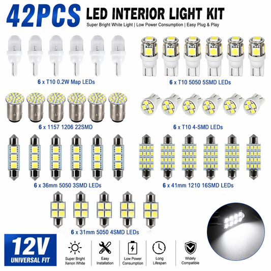 42PCS Car Interior LED Light Kit T10 1157 Festoon Dome Map White 12V
