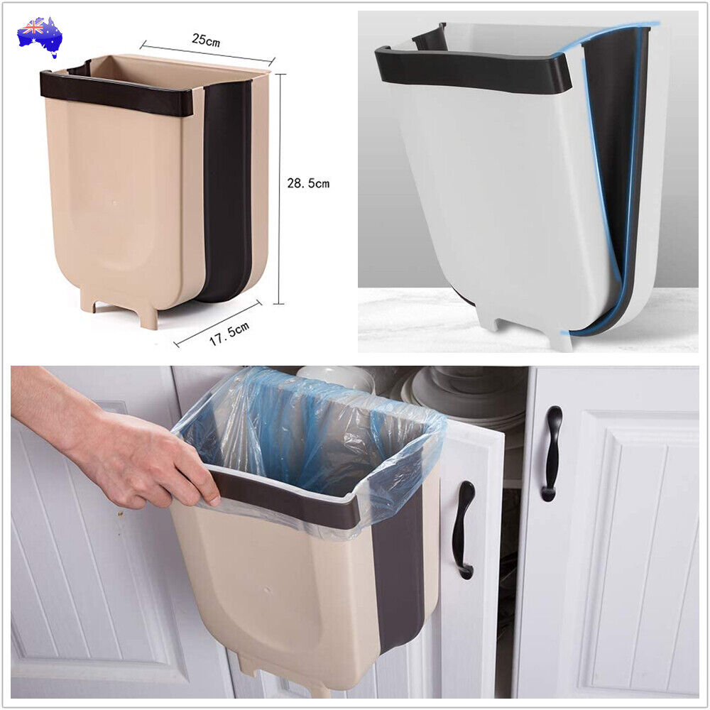 9L Foldable Hanging Trash Can Kitchen Cabinet Door Waste Bin Cupboard Basket AU