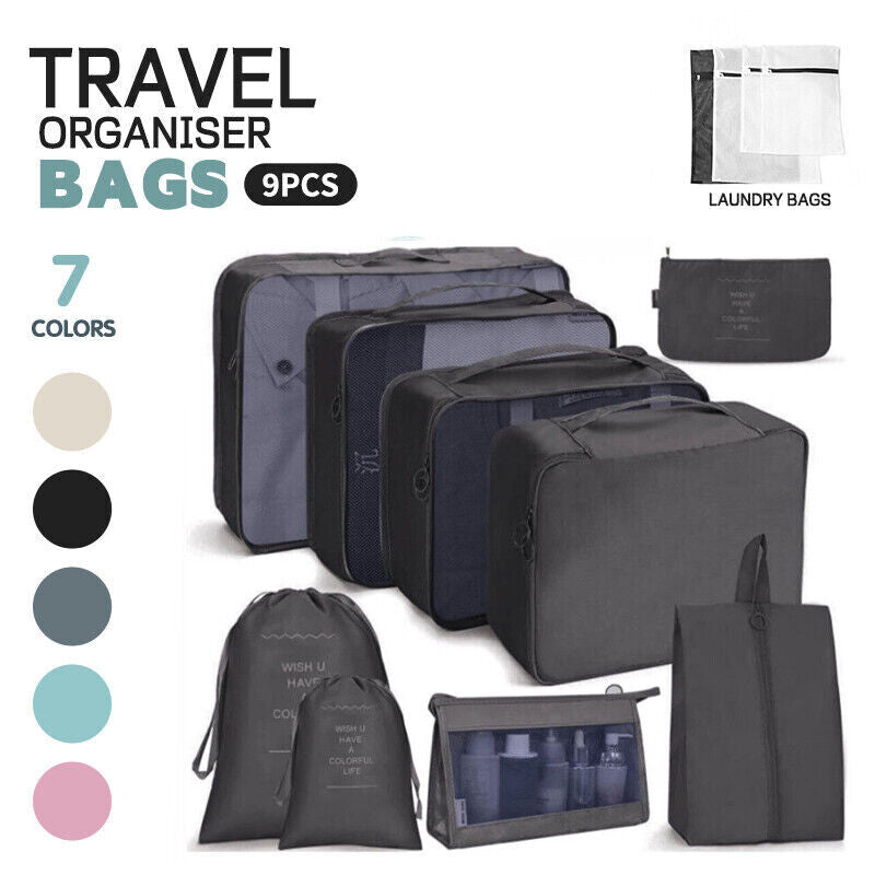 9 Packing Cubes Travel Pouches Luggage Organiser Clothes Suitcase Storage Bag AU