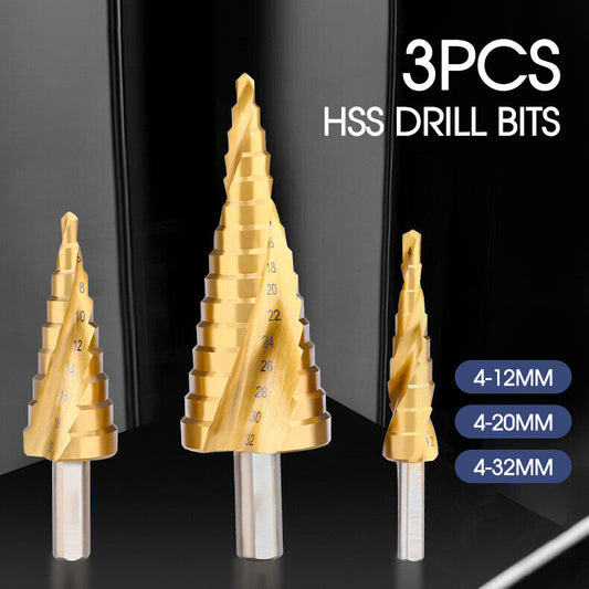 3 Pcs HSS Steel Step Cone Drill Titanium Metal Hole Cutter Bit Set 4-12/20/32mm