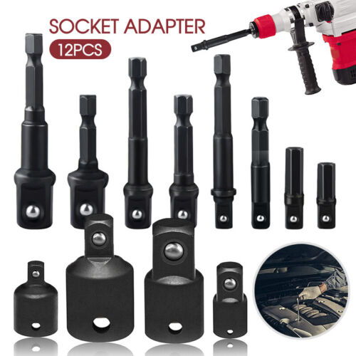 Drill Socket Adapter Set Impact Nut Driver Hex Extension Bit 1/4" 3/8" 1/2" 12Pc