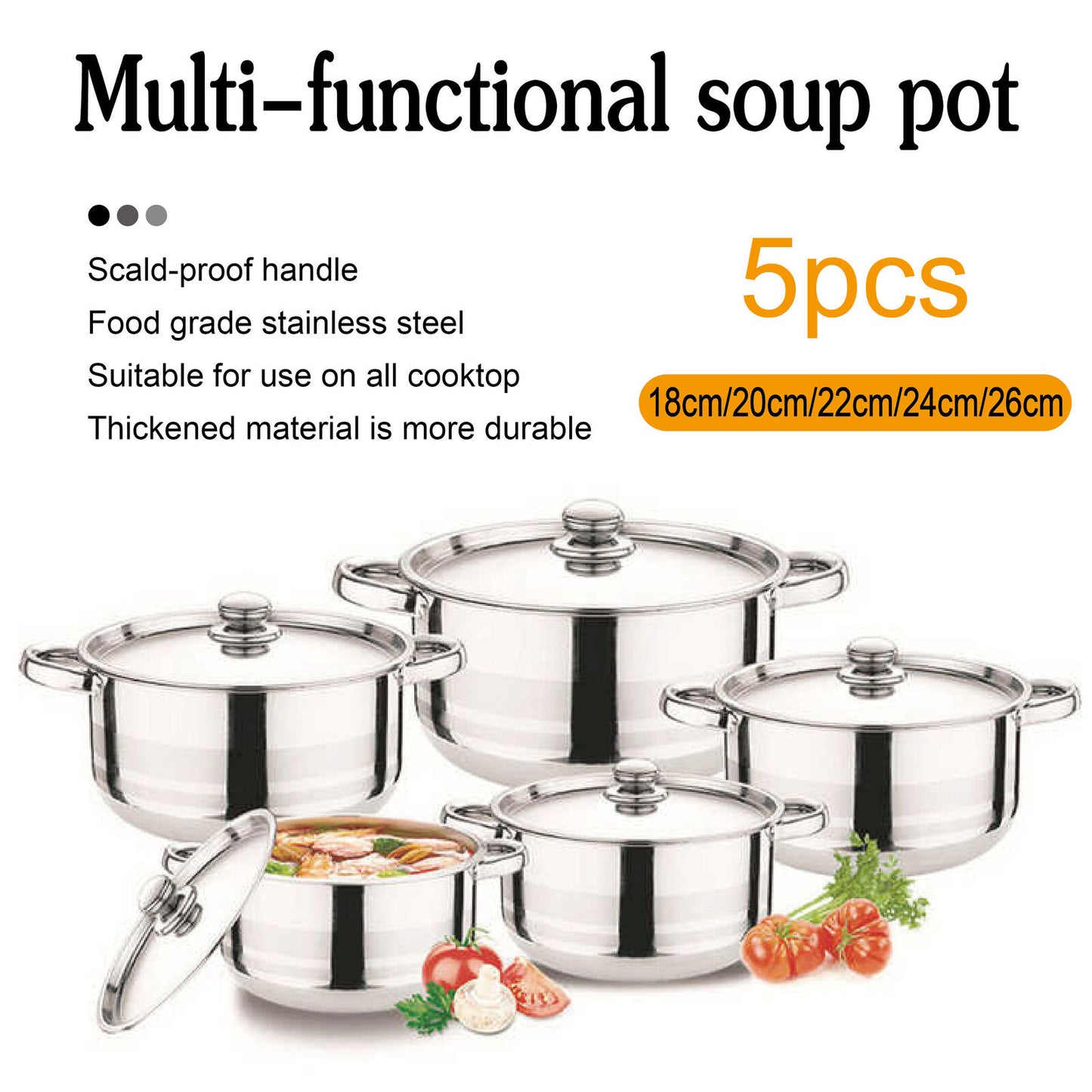 5pcs Stainless Steel Stock Pot with Lid Cooking Kitchen Cookware Stockpot Set