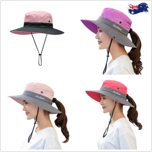 Women Wide Brim Ponytail Hat Sun Protect Visor Summer Beach Floppy Cap Anti UV