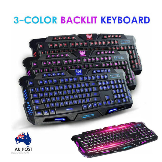 Gaming Keyboard 3 Colour Led Back-light Wired USB Illuminated Cool Ergonomic PC