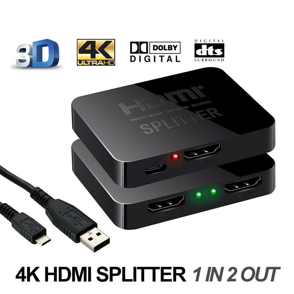 1080P HDMI Splitter 1 In 2 Out Video Duplicator Full HD 3D 4K Monitor USB Power