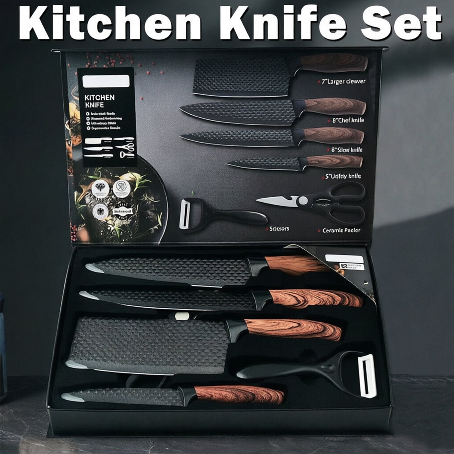 6 Pcs Kitchen Knife Set – High Carbon Steel, Ergonomic Handles, Cleaver & Shears