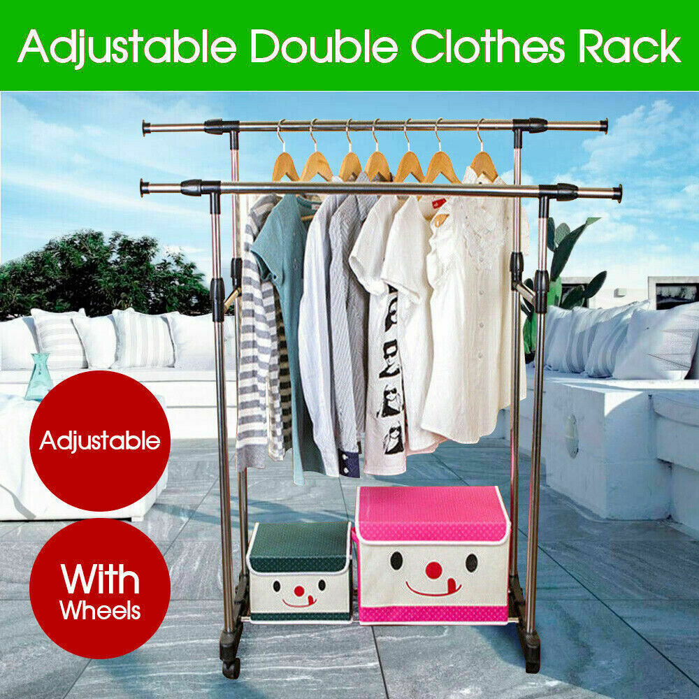 Clothes Rack Garment Holder Double Stainless Shelf Hanger Adjustable Coat AU