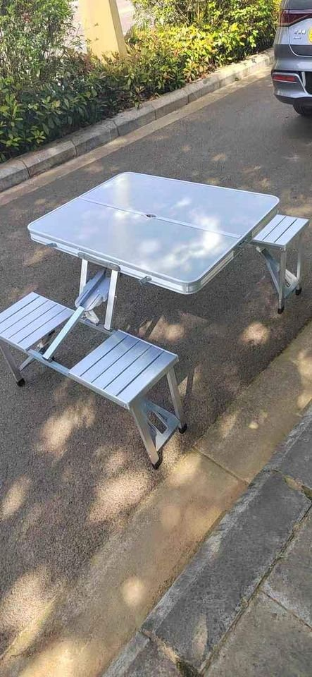 Aluminium Folding Camping Table With 2X Bench Chairs Picnic Set