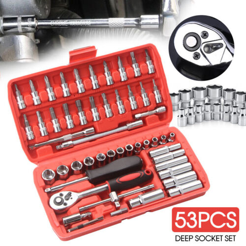 53PCS Deep Socket Set Metric Wrench CRV 1/4" Drive Flexiable Extension Bar Tools