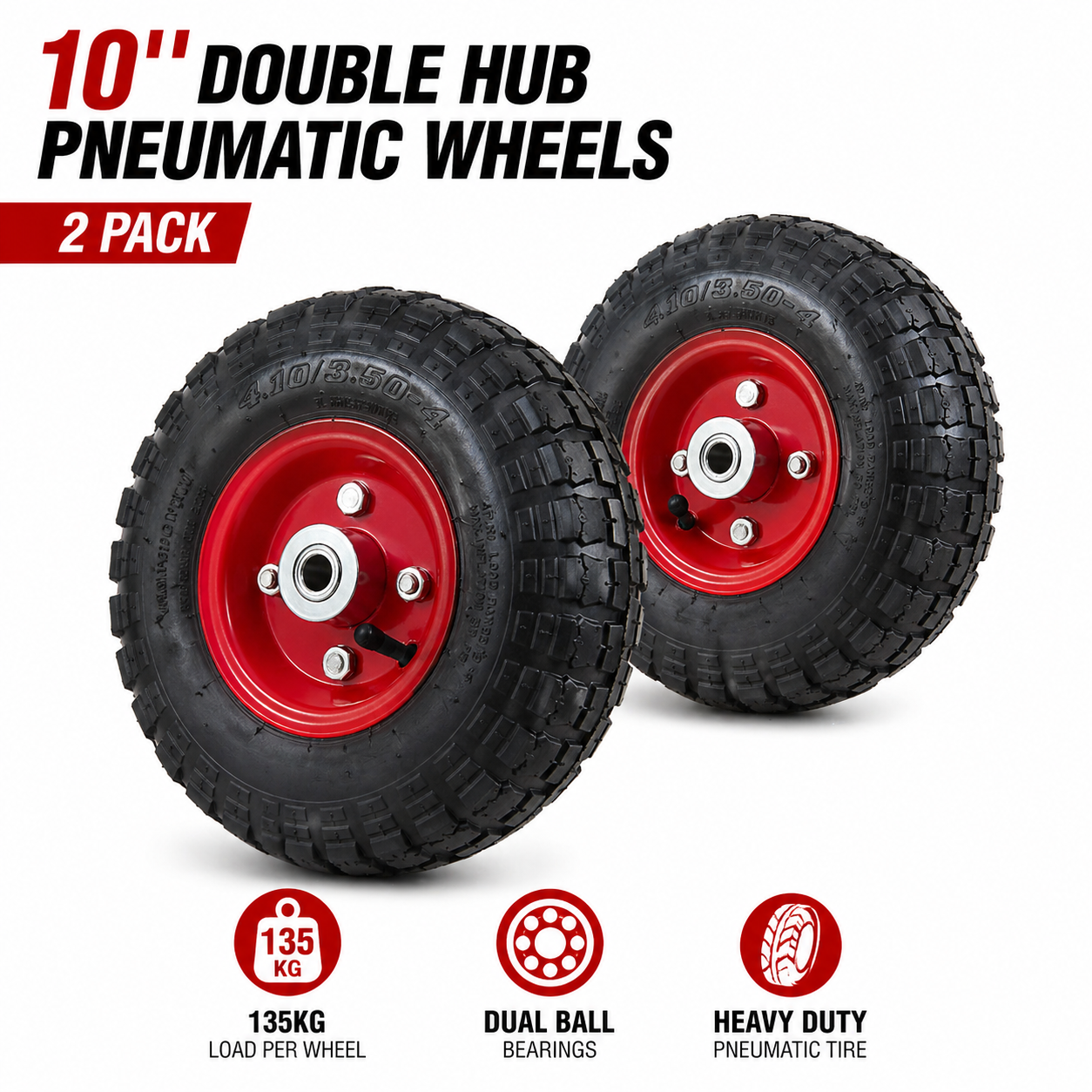 2 X 10" HAND TROLLEY WHEEL PNEUMATIC AIR 3.50-4 HEAVY DUTY DOUBLE HUB 20MM