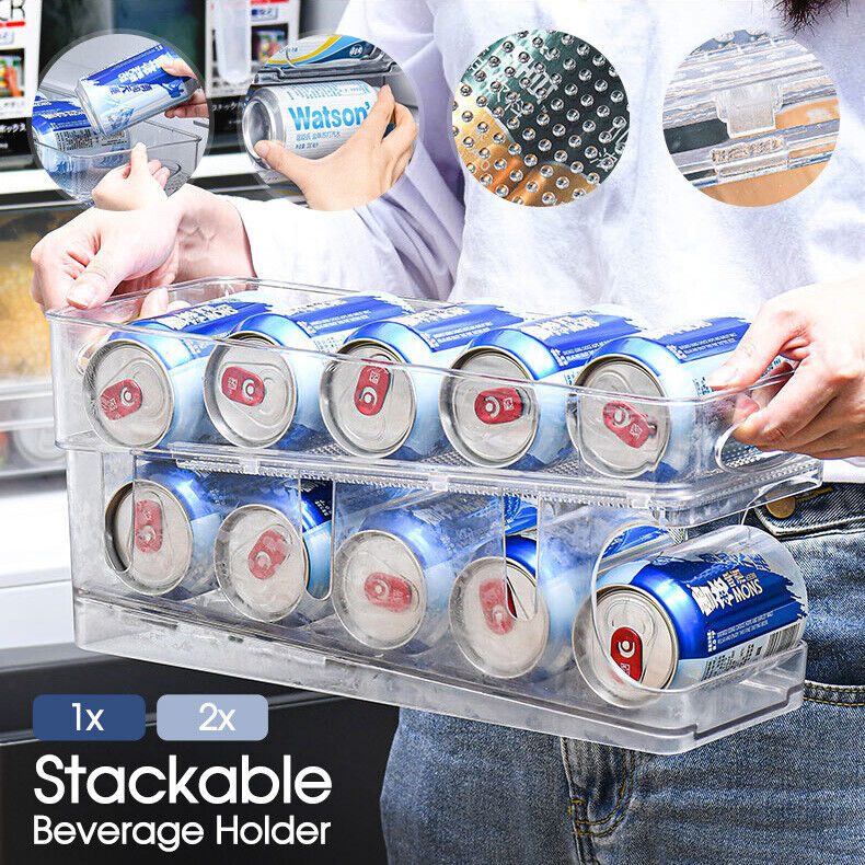 2 Tiers Stackable Beverage Holder Can Organizer Rack For Refrigerator Kitchen