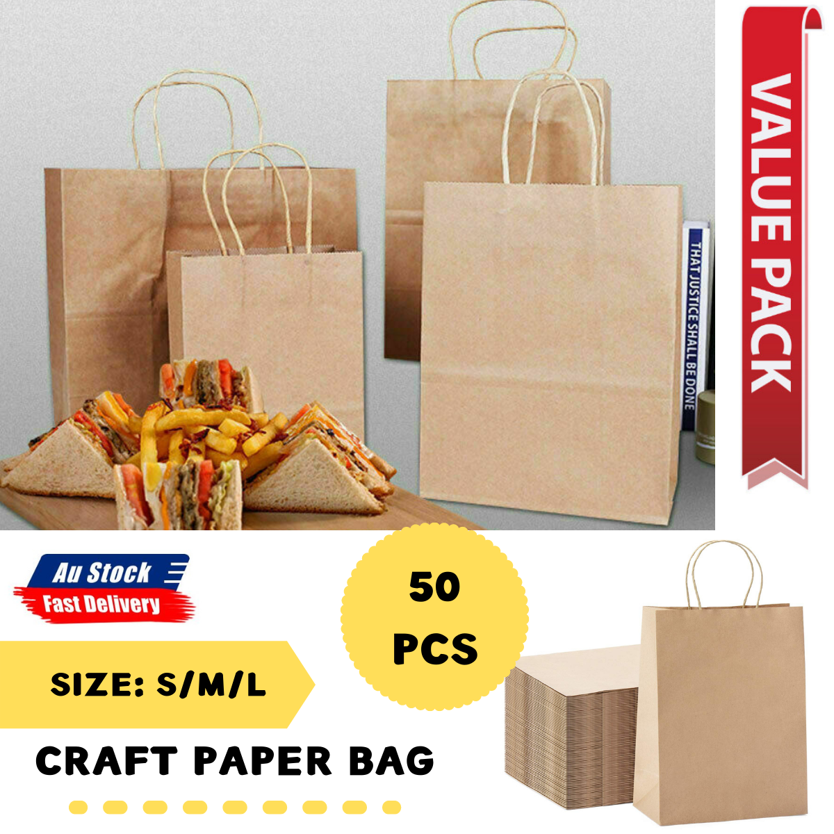 50pcs Bulk Kraft Paper Bags Gift Shopping Carry Craft Brown Bag with Handles AU