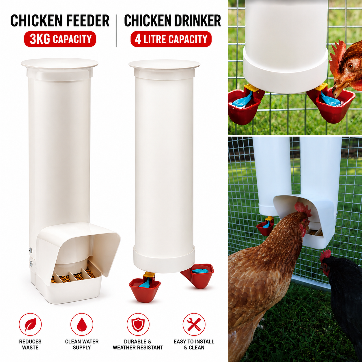 Automatic Poultry Feeder & Water Drinker Set Chicken Coop 3KG 4L