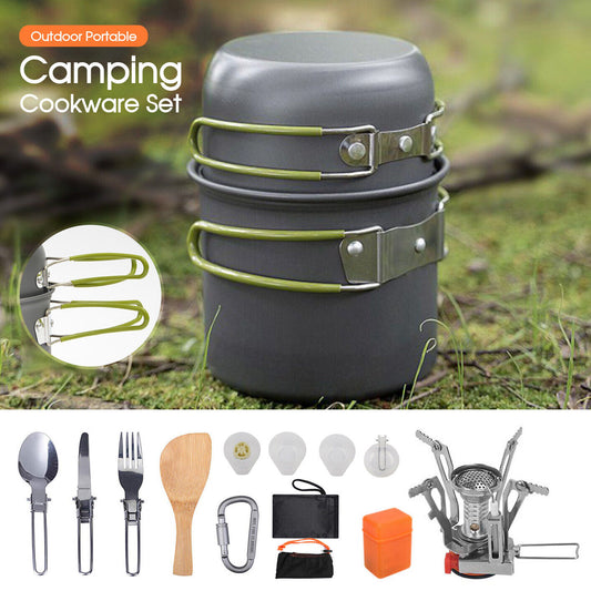 Outdoor Portable Camping Cookware Set Hiking Cooking Pot Gas Stove Tableware Kit