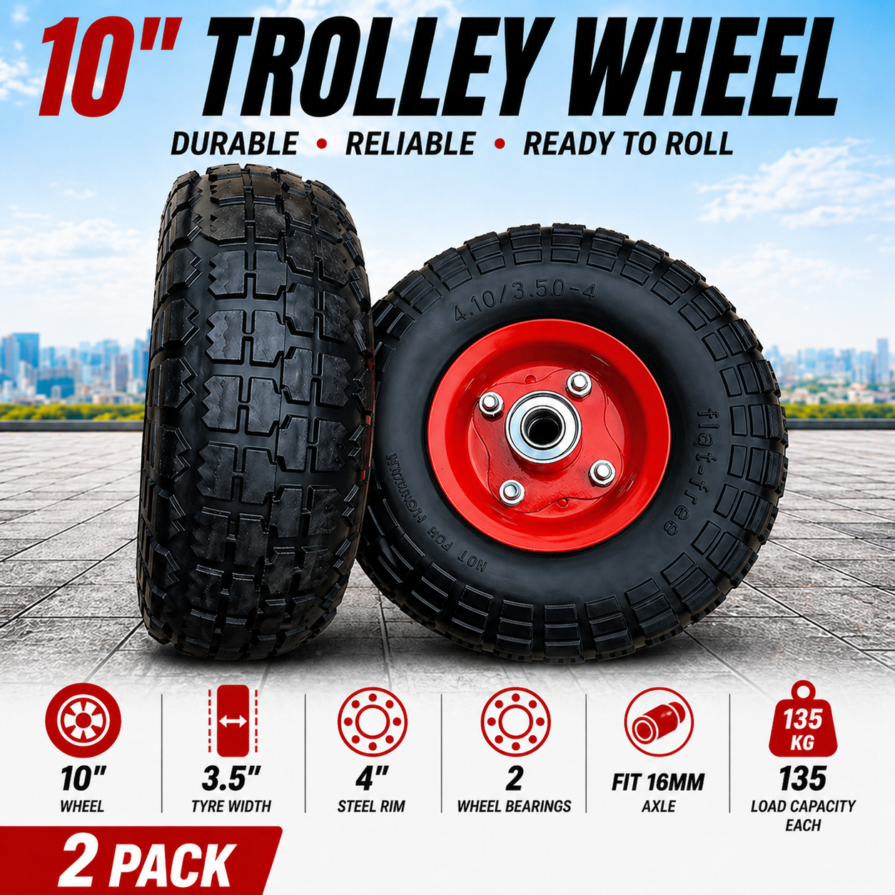 2 x 10" Hand Trolley Wheel puncture proof 3.50-4 Tube Heavy Duty 16mm