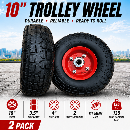 2 x 10" Hand Trolley Wheel puncture proof 3.50-4 Tube Heavy Duty 16mm