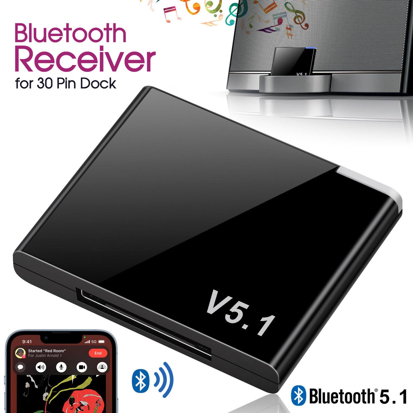 Bluetooth 5.1 Music Audio Adapter Receiver 30 Pin Dock Speaker for iPhone iPod