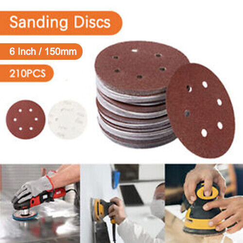 210PCS 6" Sanding Discs 60 80 100 150 180 120 240 Mixed Grit Orbital Sander Pads
