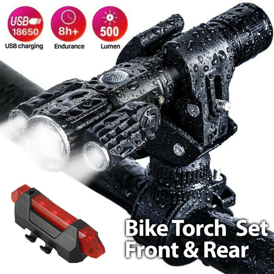 Torch Front & Rear Set Bike Bicycle Mountain LED Lights Rechargeable Lamp USB AU
