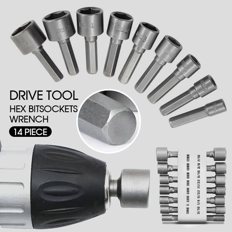 14x Power Nut Driver Drill Bit Set SAE Metric Socket Wrench Screw 1/4''Hex Shank