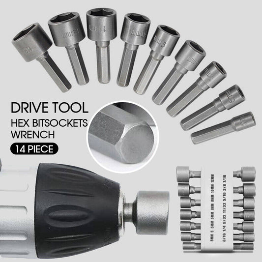 14x Power Nut Driver Drill Bit Set SAE Metric Socket Wrench Screw 1/4''Hex Shank