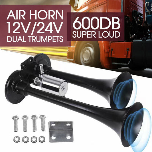 New 12/24V 600db Car Boat Truck Lorry Super Loud 2 Trumpet Air Horn